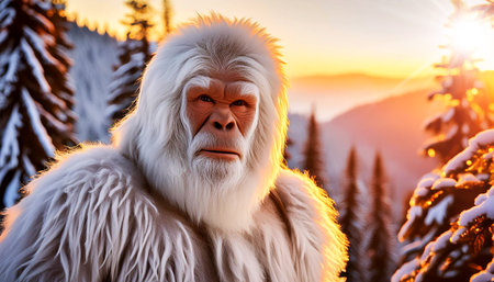 Portrait of the legendary creature called Bigfoot, Sasquatch or Yeti with the appearance of a large man resembling a monkey, looking at camera in a mountain forest during winter. Generative Ai.の素材