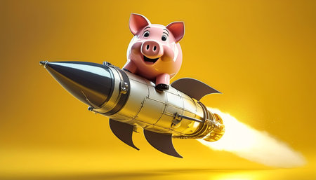 Close-up of a pink smiling ceramic piggy bank on a flying rocket while looking at the camera, on a yellow-orange background with copy space. Supercharging your savings concept. Generative Ai.の素材