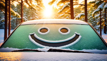Close-up and front view of a car covered by snow in a mountain landscape with a smiling face on the windshield, with pine trees on background at sunset or sunrise. Winter season concept. Generative Aiの素材