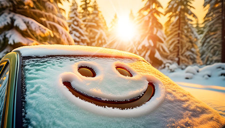 Close-up and front view of a car covered by snow in a mountain landscape with a smiling face on the windshield, with pine trees on background at sunset or sunrise. Winter season concept. Generative Aiの素材