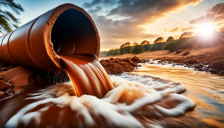 Extreme close-up of a sewer pipe pouring its dirty brown water into a clean river, long exposure. Water pollution in river because industrial does not treat wastewater before drain. Generative Ai.の素材