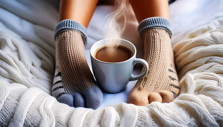 Close-up of a cup of steaming hot chocolate and female feet with woolen socks on white sheets on the bed. Concept of winter leisure in cold weather. Generative Ai.の素材