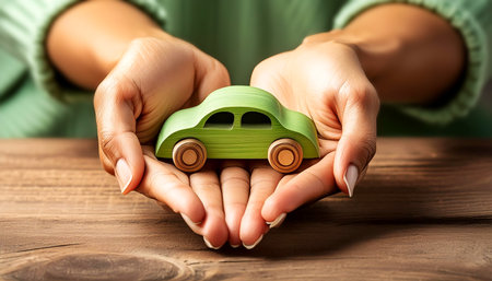 Closeup of a the cupped hands of a young woman holding a green wooden eco-friendly toy car on a wooden table or desk. Woman hands protecting electric car with care, sustainable mobility. Generative Aiの素材