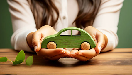 Closeup of a the cupped hands of a young woman holding a green wooden eco-friendly toy car on a wooden table or desk. Woman hands protecting electric car with care, sustainable mobility. Generative Aiの素材