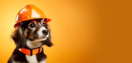 Portrait of a cute dog in hard hat and orange collar against a yellow-orange background with copy space. Safety, construction industry, DIY concept. Generative Ai.の素材