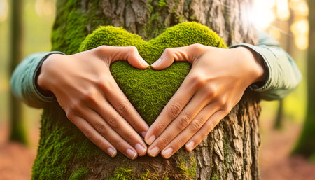 Extreme close-up of hands and arms of man hugging a tree trunk with green moss in the shape of a heart. Concept of love for nature, tree embracing and the environment. Generative Ai.の素材