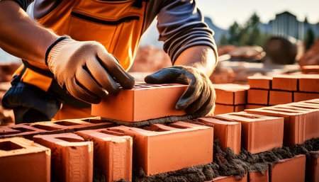 Close-up of the gloved hands of a bricklayer laying a clay brick over fresh mortar or cement on brick wall under construction. Worker building masonry house wall with bricks, concept. Generative Aiの素材