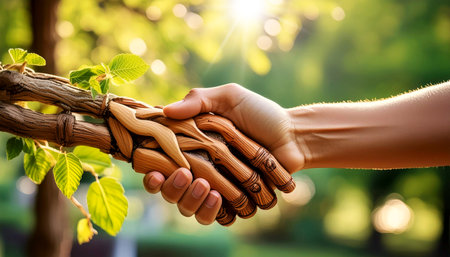 Close-up of handshake between a human hand and a hand made of a tree trunk. Cooperation to prevent sustainable climate change for the earth and social environment and governance or ESG. Generative Ai.の素材