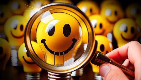 Extreme close-up of a hand holding a magnifying glass while magnifying a smiling face on a yellow light bulb. Smart idea, creativity and solution concept. Generative Ai.の素材