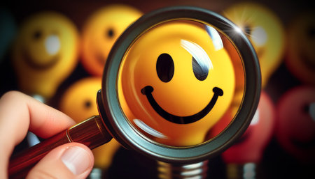 Extreme close-up of a hand holding a magnifying glass while magnifying a smiling face on a yellow light bulb. Smart idea, creativity and solution concept. Generative Ai.の素材