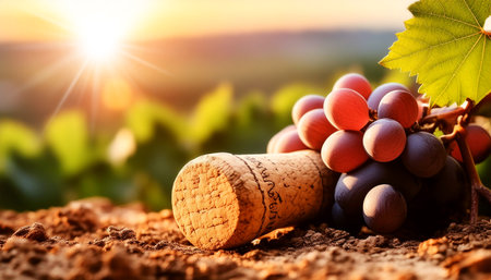 Closeup of a wine cork and a bunch of red grapes with green leaves on the soil with blurred vineyards in the background at sunset or sunrise, creative advertising for winery products. Generative Ai.の素材