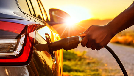 Extreme close-up of a male hand inserts a power cable into an electric car to charge it in nature, ecological transport, clean energy theme, at sunset or sunrise, backlit. Generative Ai.の素材