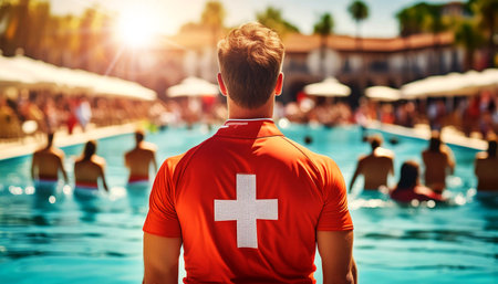 Close-up and back view of a male lifeguard dressed in red uniform watching an outdoor swimming pool. Expert swimmer ready to intervene in case of danger concept. Generative Ai.の素材