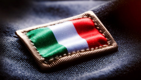 Extreme close-up of a clothing label with the Italian flag sewn on a dark gray fabric. Made in Italy concept. Generative Ai.の素材