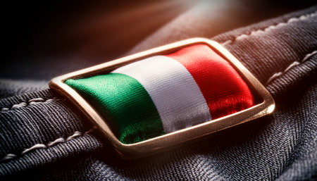 Extreme close-up of a clothing label with the Italian flag sewn on a dark gray fabric. Made in Italy concept. Generative Ai.の素材