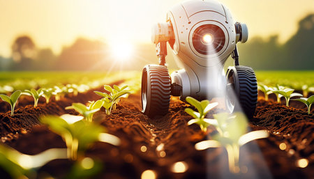 Extreme close-up of an agricultural robot with wheels in a cultivated field with small green seedlings growing. Smart farming concept, automation and growing plant technology. Generative Ai.の素材