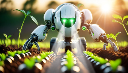 Extreme close-up of an agricultural robot with wheels in a cultivated field with small green seedlings growing. Smart farming concept, automation and growing plant technology. Generative Ai.の素材