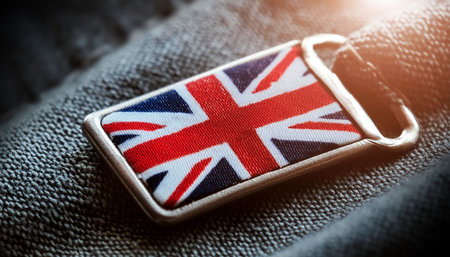 Extreme close-up of a clothing label with the UK flag (Union Jack Flag) sewn on a gray fabric. Made in Kingdom, concept. Generative Ai.の素材