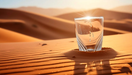 Extreme close-up of an empty drinking glass half-submerged in the desert sand. Concept of drought, global warming, climate change, ecology and environmental issues. Generative Ai.の素材