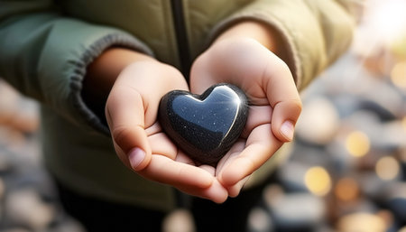 Extreme close-up of the cupped hands of a child holding a heart shaped black pebble with copy space. Concept for faith, love, spirituality and religion. Generative Ai.の素材