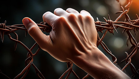 Extreme close-up of a male hand grips a metal fence and rusty barbed wire with his fingers on a dark black background. Concept of imprisonment, captivity and waiting for freedom. Generative Ai.の素材