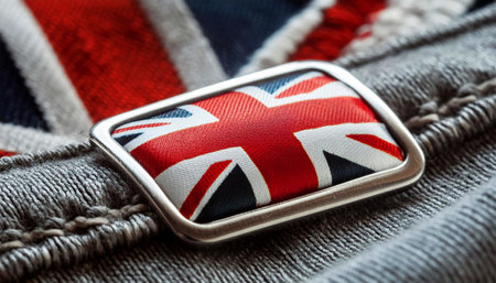 Extreme close-up of a clothing label with the UK flag (Union Jack Flag) sewn on a gray fabric. Made in Kingdom, concept. Generative Ai.の素材