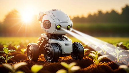 Extreme close-up of an agricultural robot with wheels in a cultivated field with small green seedlings growing. Smart farming concept, automation and growing plant technology. Generative Ai.の素材