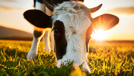 Extreme close-up of head of black and white horned dairy cow while eating the green grass of a meadow at sunset or sunrise, backlit. Generative Ai.の素材