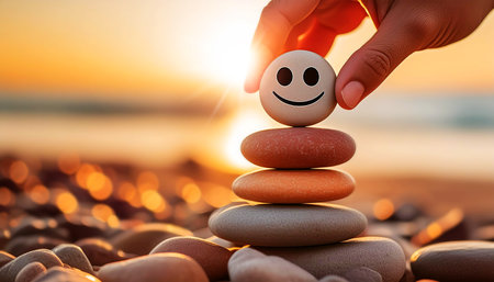 Close-up of a hand placing a pebble with smiling face on top of a balanced stack of pebbles on the beach at sunset or sunrise. Enjoying Life Concept. Harmony and Positive Mind. Generative Ai.の素材