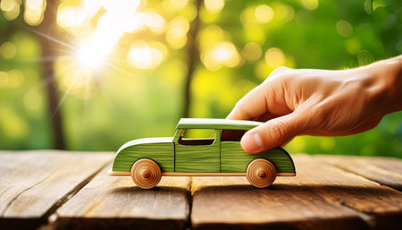 Extreme closeup of a hand of man playing with a toy green wooden vintage car on a wooden table against a natural green background. Concept of eco-friendly car and sustainable mobility. Generative Aiの素材