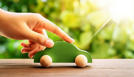 Extreme closeup of a hand of man playing with a toy green wooden vintage car on a wooden table against a natural green background. Concept of eco-friendly car and sustainable mobility. Generative Aiの素材