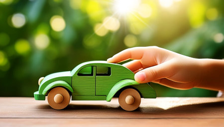 Close-up and top view of a group of green leaves form a small car on a dark brown wooden desk with copy space. Concept of eco-friendly car and sustainable mobility. Generative Ai.の素材