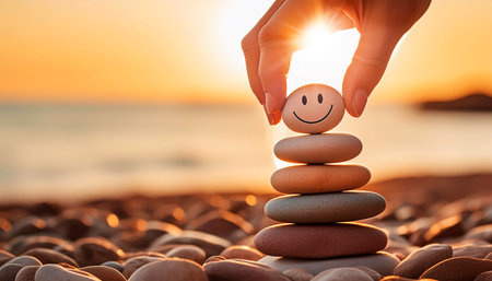 Close-up of a hand placing a pebble with smiling face on top of a balanced stack of pebbles on the beach at sunset or sunrise. Enjoying Life Concept. Harmony and Positive Mind. Generative Ai.の素材