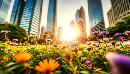 Extreme close-up and bottom view of a lush urban green space with vibrant wildflowers between tall skyscrapers at sunset or sunrise, backlit. Generative Ai.の素材