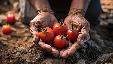 Extreme close-up of two dirty wrinkled hands (cupped hands full of fresh tomatoes) of a farmer showing the harvest of red ripe tomatoes on the ground. Generative Ai.の素材