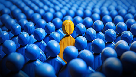 Closeup of one single yellow human shape (wooden figurine) among a large group of blue ones. Standing out from the crowd, thinking outside the box, leadership and individuality concept. Generative Ai.の素材