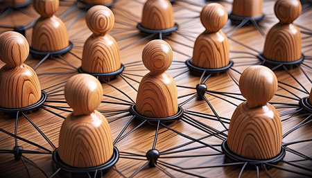 Close-up of a group of wooden figurines of people connected by black lines in a network. Communication and social networks, cooperation and collaboration concept. Generative Ai.の素材
