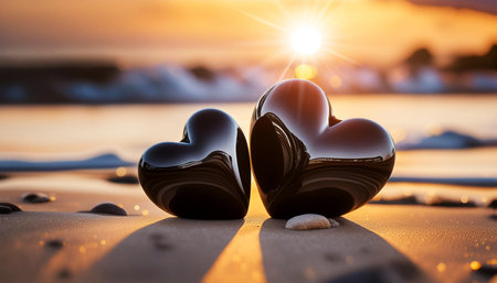 Closeup of two black stone hearts (heart-shaped pebbles) on a sandy beach at sunset or sunrise. Valentines Day template, couple and friendship concept. Generative Ai.の素材