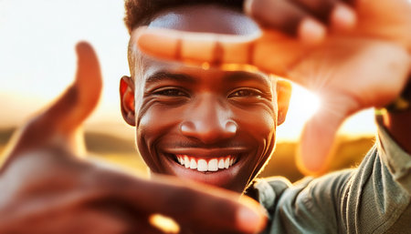 Extreme close-up of a beautiful young African-American man standing in the nature and making composition frame with his hands, looking at camera and smiling. Generative Ai.の素材