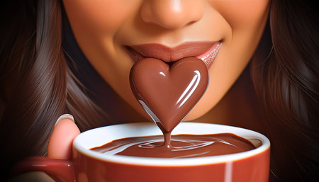 Extreme close-up of a beautiful young woman, eating a heart-shaped chocolate and holding a cup of hot chocolate. Generative Ai.の素材
