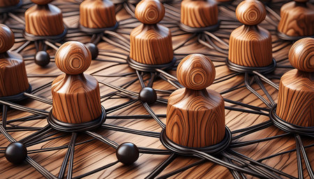 Close-up of a group of wooden figurines of people connected by black lines in a network. Communication and social networks, cooperation and collaboration concept. Generative Ai.の素材