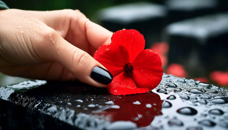 Extreme close-up of the hand of a woman, putting a red flower on a black marble tombstone wet from the rain in a cemetery. Mourning concept. Generative Ai.の素材