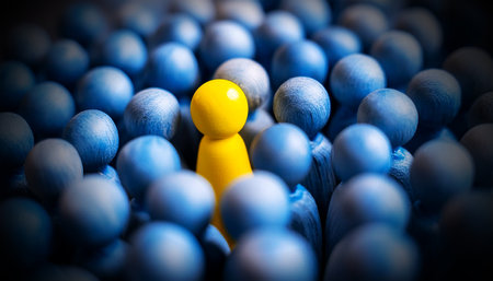 Closeup of one single yellow human shape (wooden figurine) among a large group of blue ones. Standing out from the crowd, thinking outside the box, leadership and individuality concept. Generative Ai.の素材
