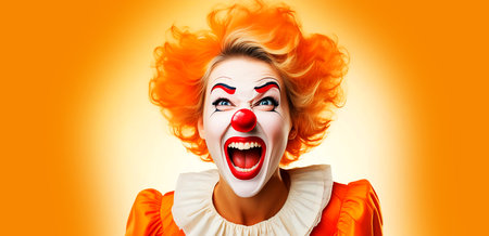 Portrait and front view of a screaming female clown looking at camera against on white yellow-orange background with copy space. Generative Ai.の素材