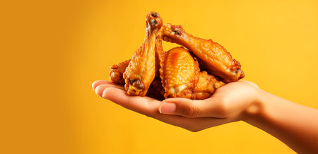 Close-up of a hand holding grilled chicken wings or roasted chicken on a yellow-orange background with copy space. Generative Ai.の素材