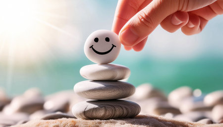 Close-up of a hand placing a pebble with smiling face on top of a balanced stack of pebbles on the beach at sunset or sunrise. Enjoying Life Concept. Harmony and Positive Mind. Generative Ai.の素材