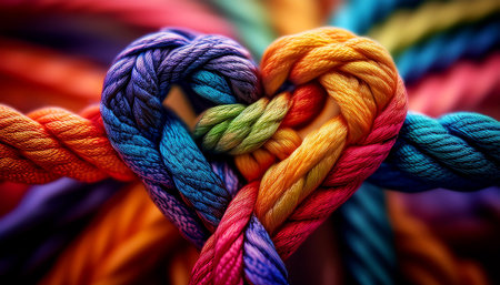 Extreme close-up of a rainbow colored rope forming a heart-shaped knot, diversity, teamwork, partnership, LGBTQIA symbol, concept. Generative Ai.の素材