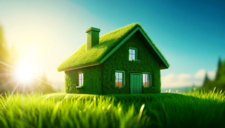 Closeup of a beautiful green house made of a green grass on a meadow against a clear blue sky with copy space and sunbeams, backlit. Environment sustainable lifestyle, eco friendly home. Generative Aiの素材