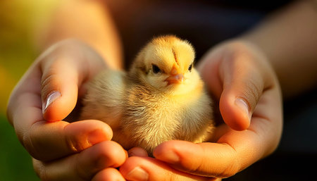 Extreme close-up of the hands (hands cupped) of a child holding a newborn cute chick. Generative Ai.の素材