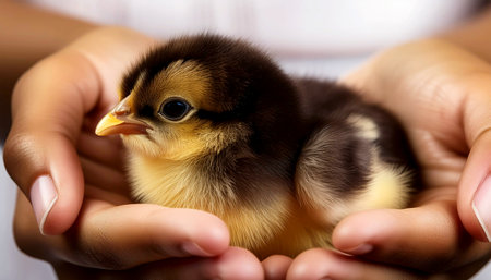 Extreme close-up of the hands (hands cupped) of a child holding a newborn cute chick. Generative Ai.の素材